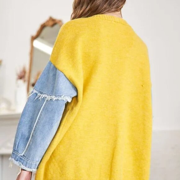 ADORA Full Size Frayed Denim Sleeve Sweater Cardigan Plus Size - Picture 4 of 5